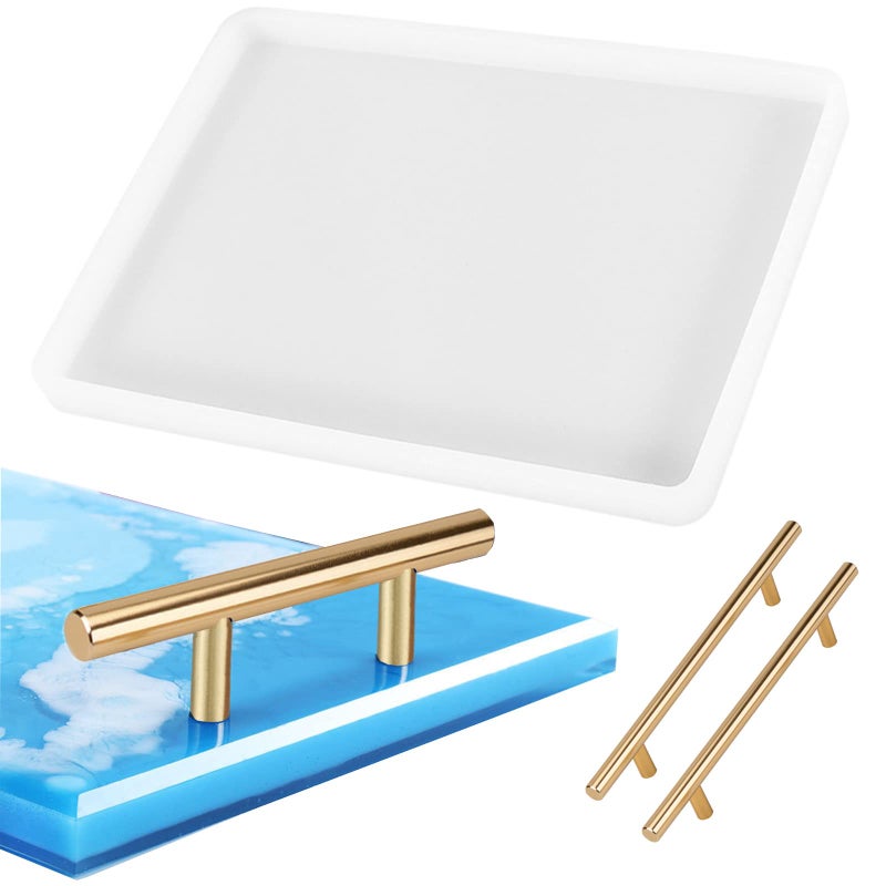 DSHE Silicone Mold Tray Geode 1pcs Agate Platter Molds and 2pcs Gold Handles, Epoxy Resin Casting Molds for Making Faux Agate Tray,Serving Board (molds with 2pcs Handles) - Image 1